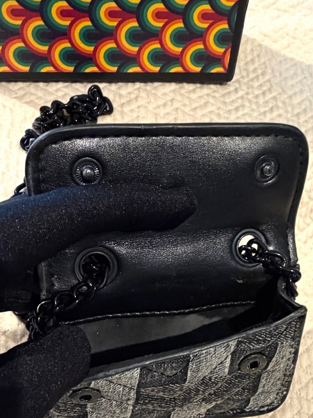 Kurt Geiger Micro Mini Kensington Denim Patchwork Black Chain Crossbody Bag &Box - Picture 7 of 10